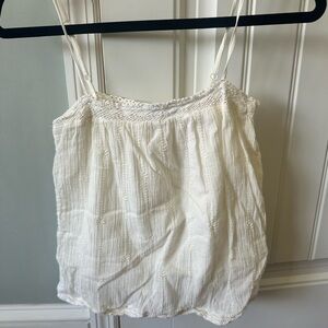 MABE Boho Crochet Lace Gauze Bubble Crop Tank Top White Ivory Spaghetti Strap